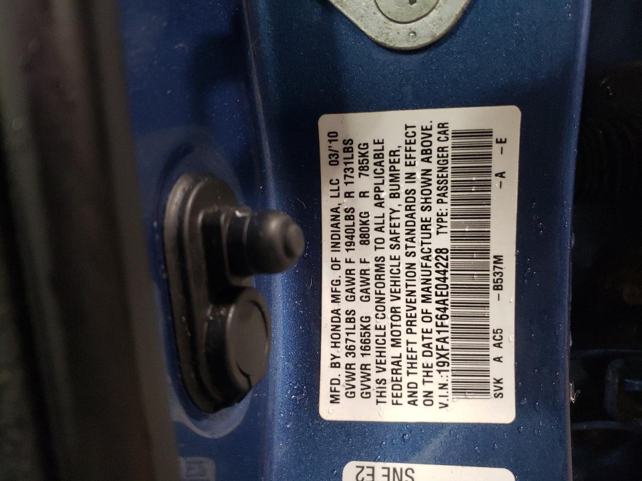 2010 Honda Civic VIN 19XFA1F64AE044228 Copart auction photo, rear end damage thumbnail 12