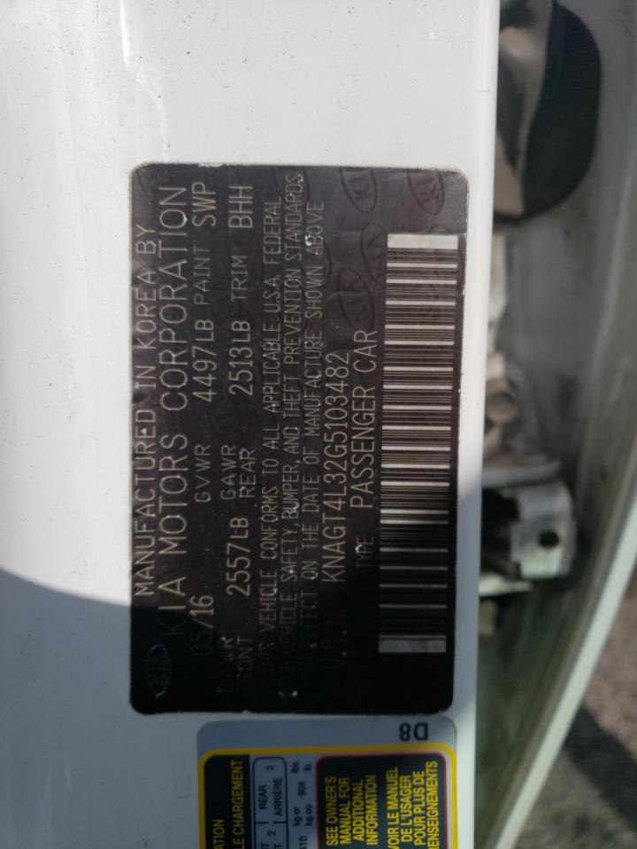 2016 KIA Optima VIN KNAGT4L32G5103482 Copart auction photo, rear end / front end damage thumbnail 14