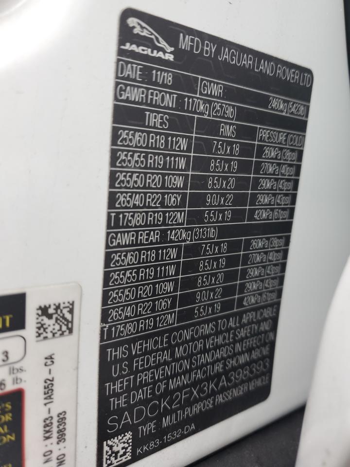 2019 Jaguar F-Pace VIN SADCK2FX3KA398393 Copart auction photo, front end damage thumbnail 13