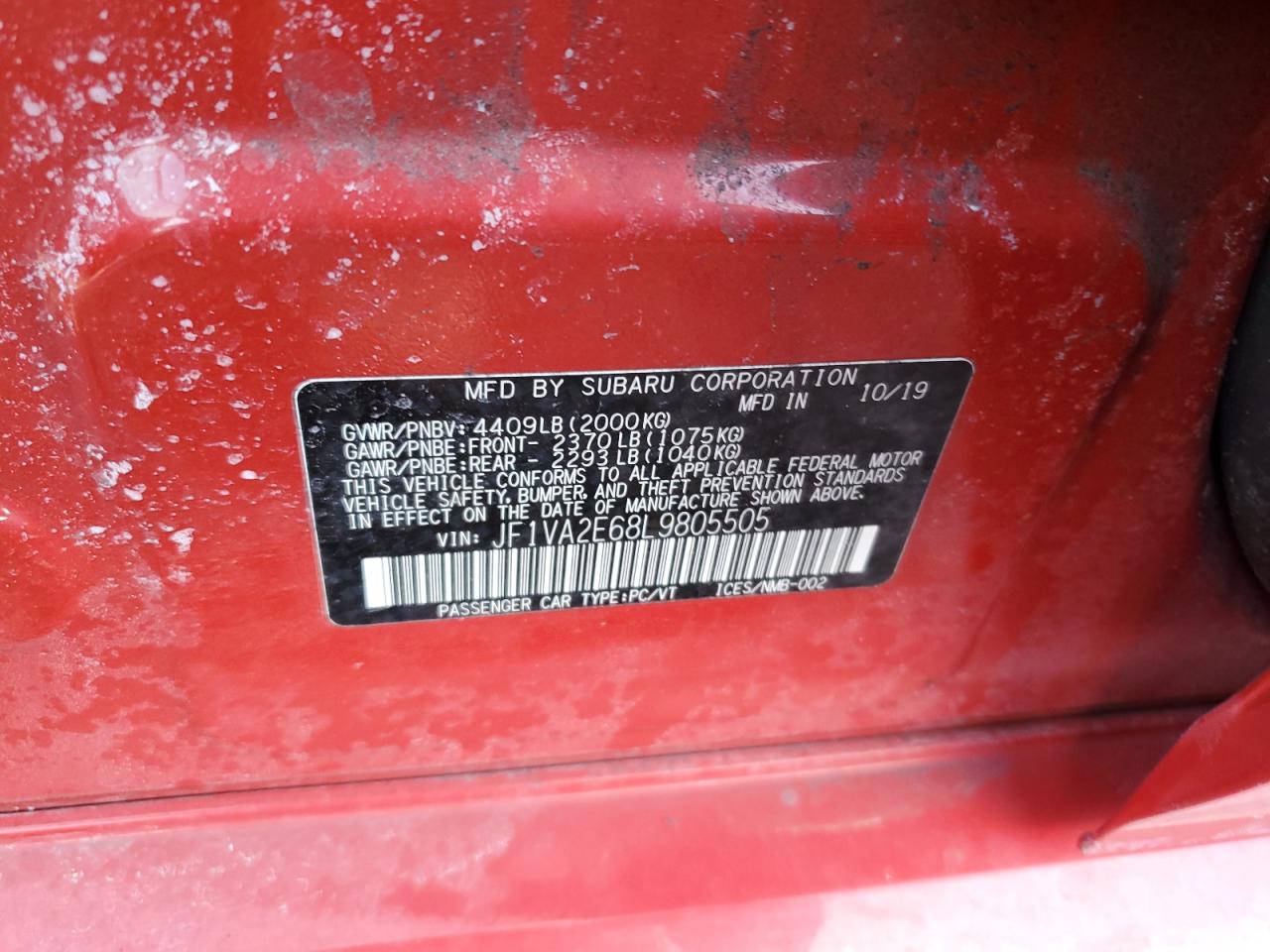 2020 Subaru WRX VIN JF1VA2E68L9805505 Copart auction photo, front end damage thumbnail 12