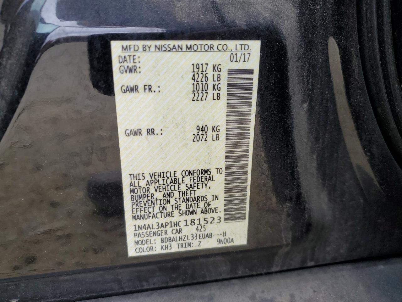 2017 Nissan Altima VIN 1N4AL3AP1HC181523 Copart auction photo, rear end damage thumbnail 12