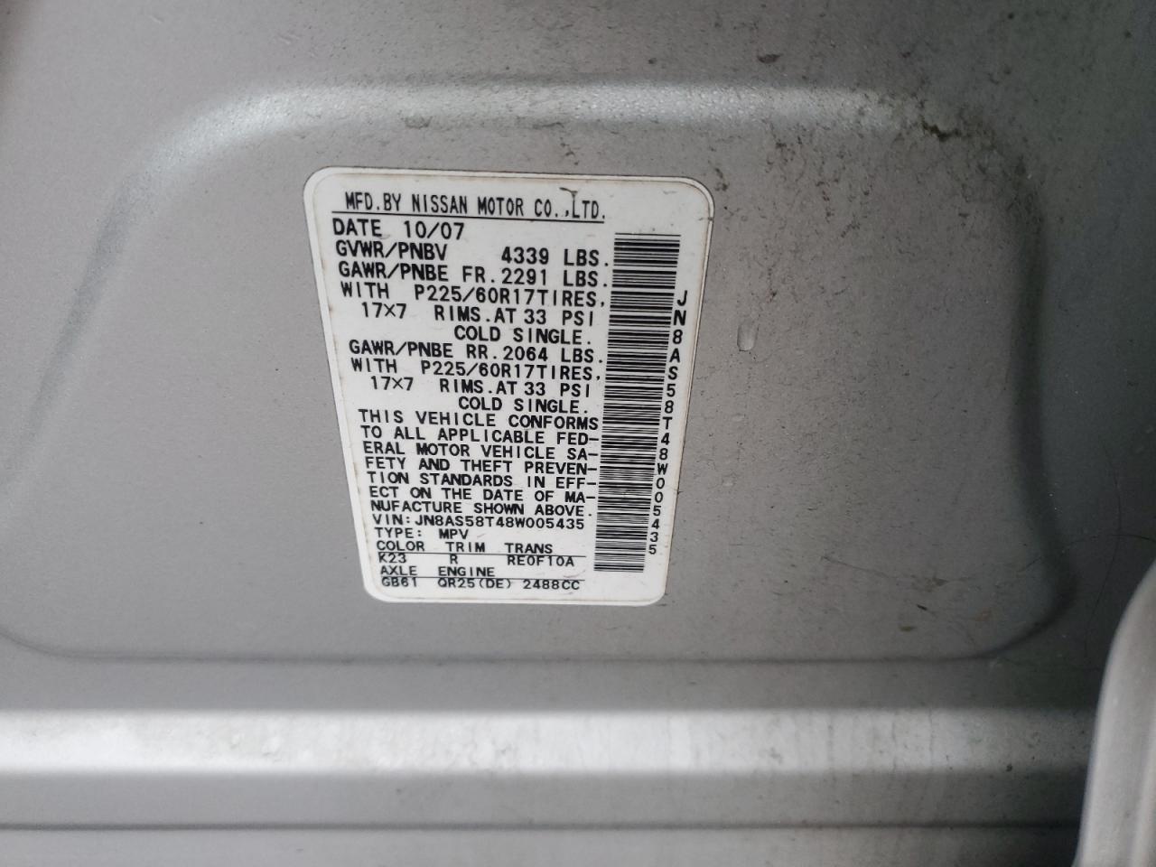2008 Nissan Rogue VIN JN8AS58T48W005435 Copart auction photo, rear end / front end damage thumbnail 15