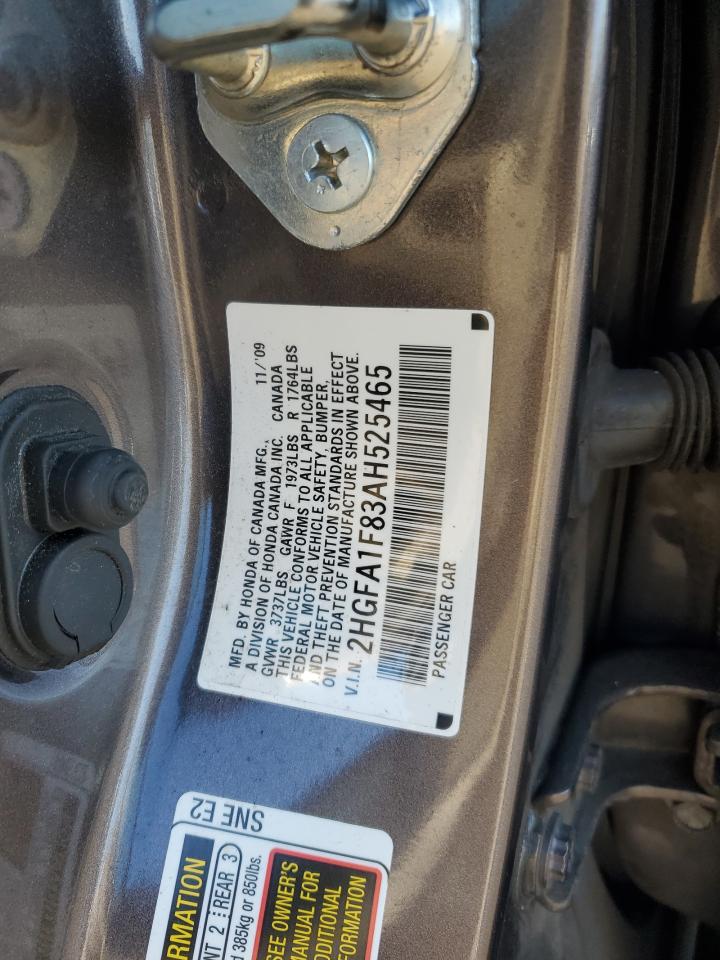 2010 Honda Civic VIN 2HGFA1F83AH525465 Copart auction photo, rear end damage thumbnail 13