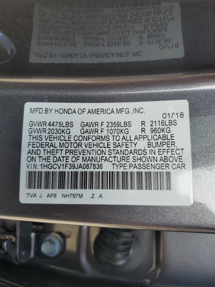 2018 Honda Accord VIN 1HGCV1F39JA087836 Copart auction photo, front end damage thumbnail 12