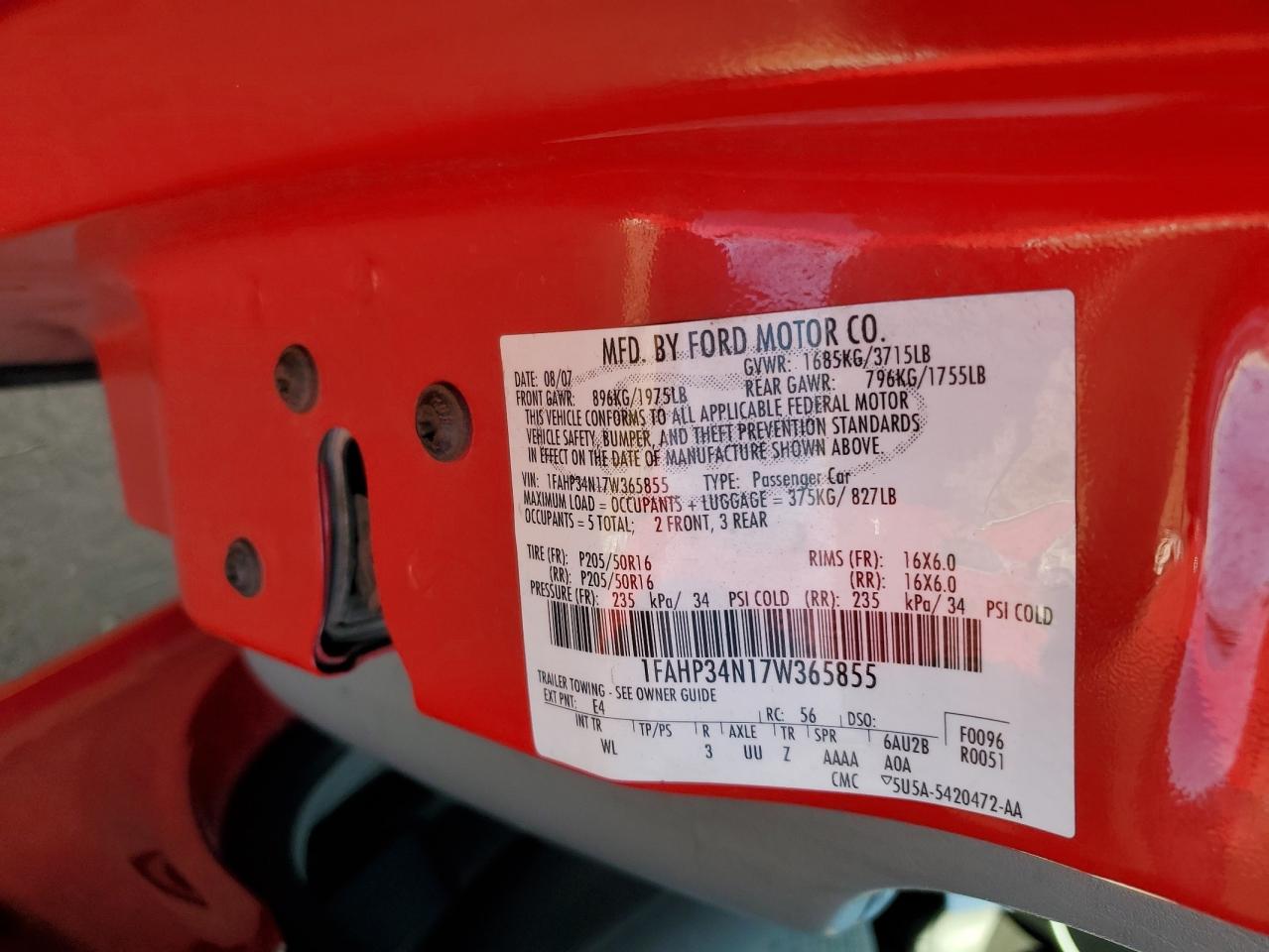 2007 Ford Focus VIN 1FAHP34N17W365855 Copart auction photo, front end damage thumbnail 13