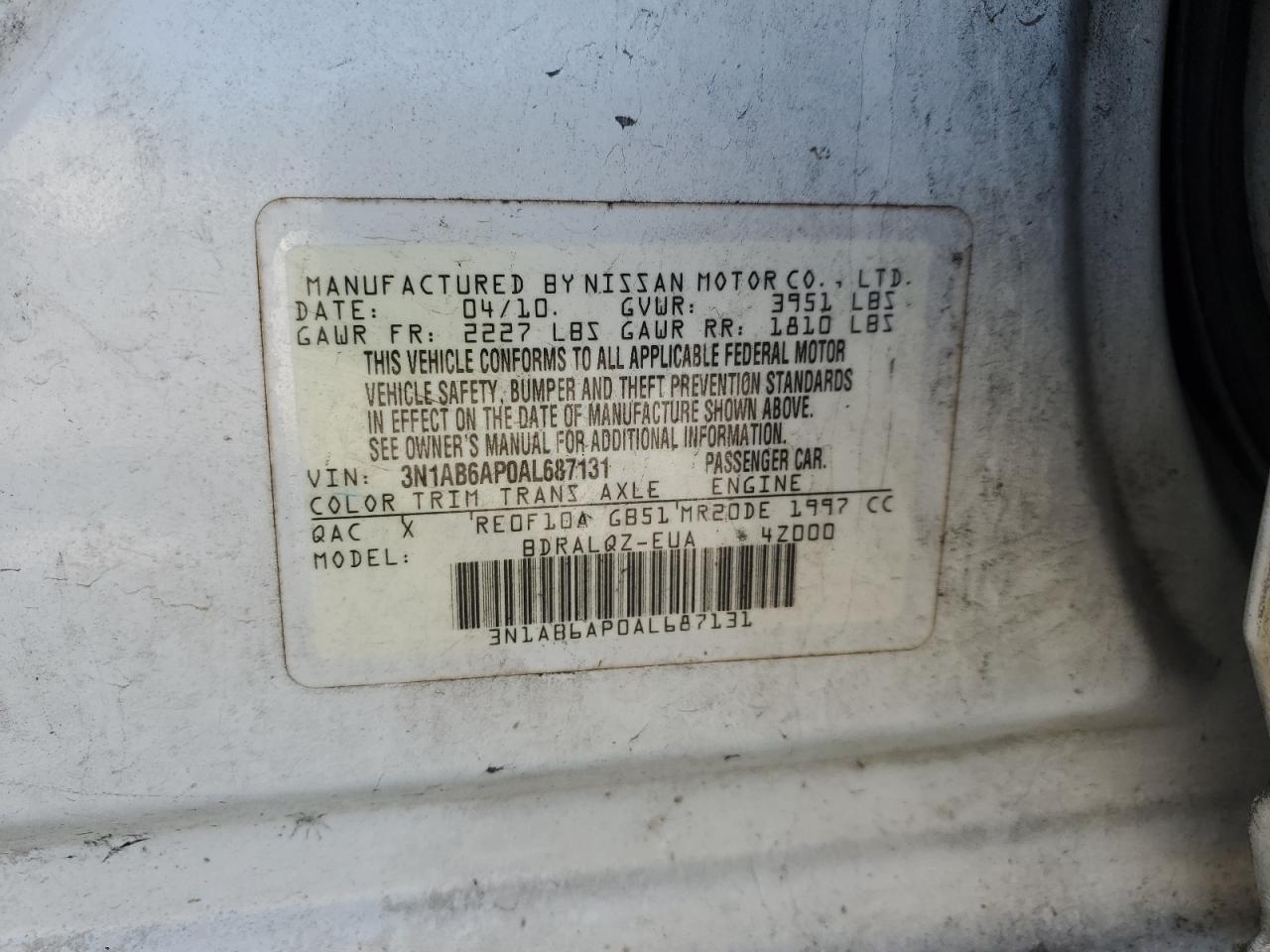 2010 Nissan Sentra VIN 3N1AB6AP0AL687131 Copart auction photo, front end damage thumbnail 12
