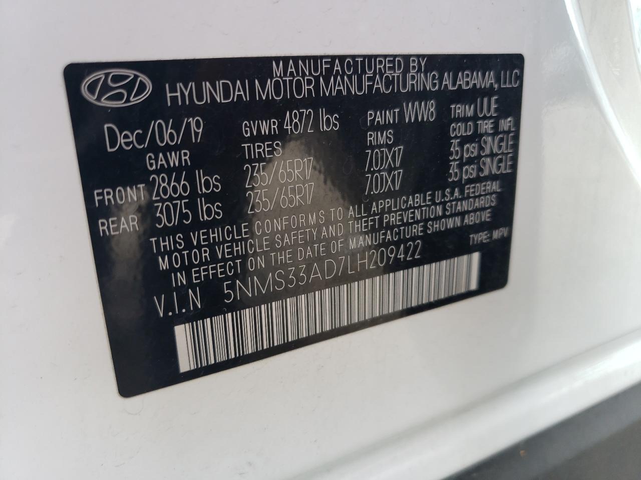 2020 Hyundai Santa Fe VIN 5NMS33AD7LH209422 Copart auction photo, front end / undercarriage damage thumbnail 13