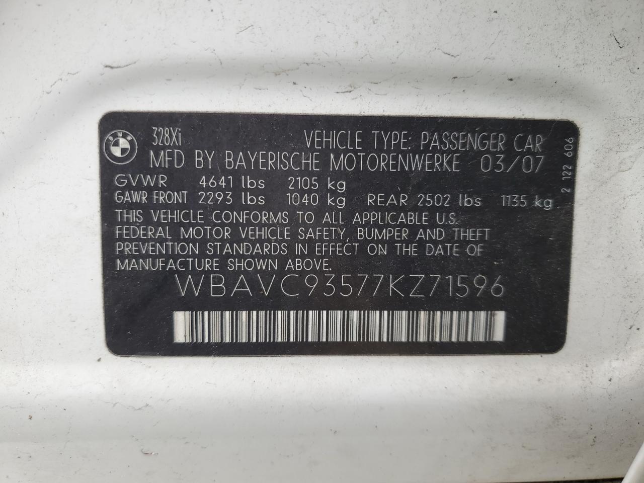 2007 BMW 3er VIN WBAVC93577KZ71596 Copart auction photo, minor dent/scratches damage thumbnail 12