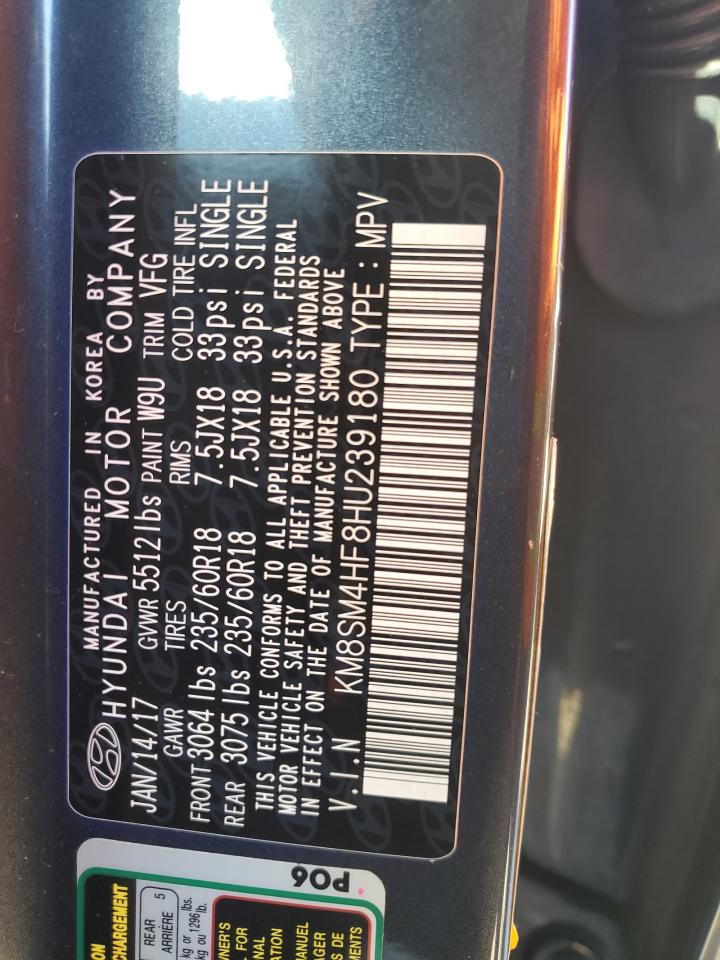 2017 Hyundai Santa Fe VIN KM8SM4HF8HU239180 Copart auction photo, rear end / front end damage thumbnail 16
