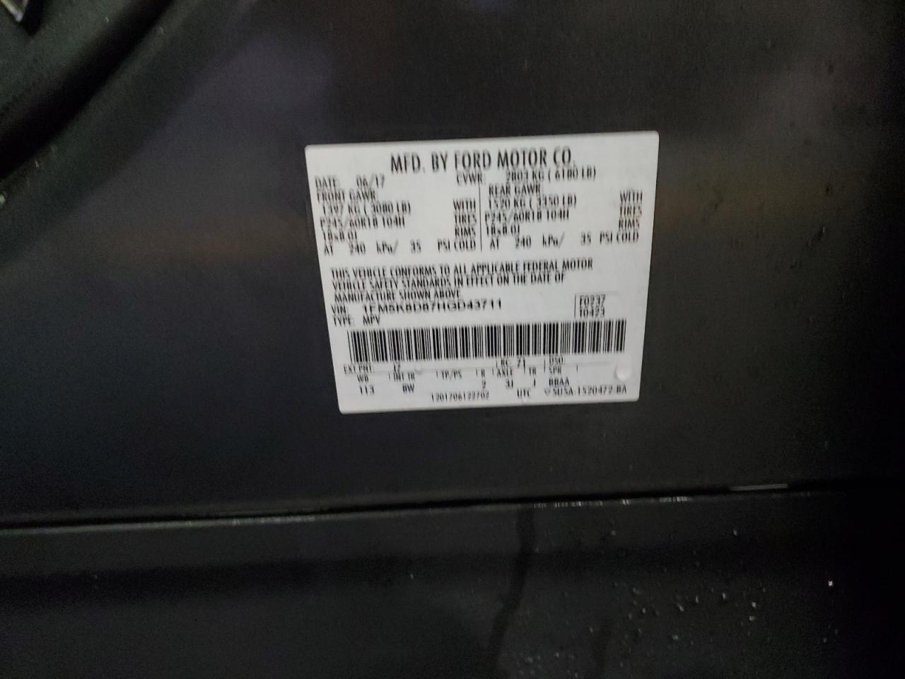 2017 Ford Explorer VIN 1FM5K8D87HGD43711 Copart auction photo, rear end damage thumbnail 13