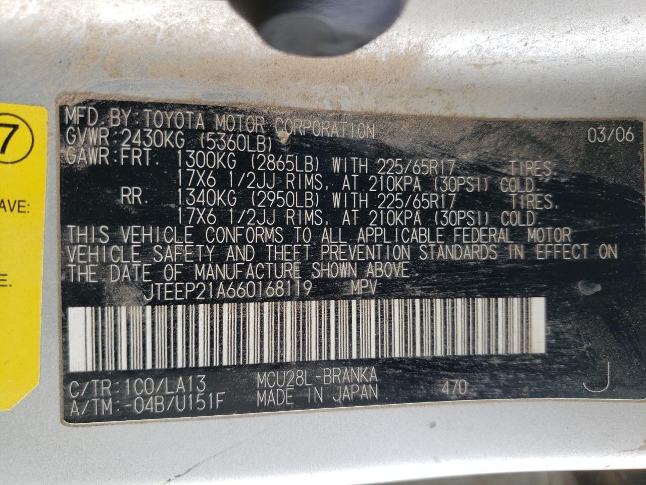 2006 Toyota Highlander VIN JTEEP21A660168119 Copart auction photo, minor dent/scratches / damage history damage thumbnail 13