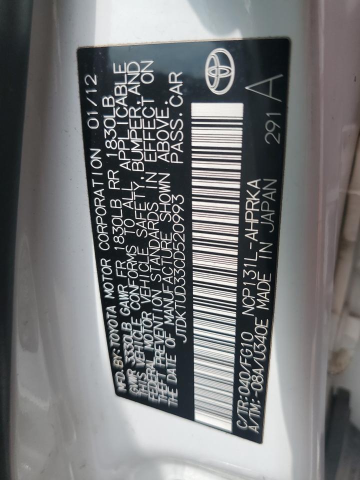 2012 Toyota Yaris VIN JTDKTUD33CD520993 Copart auction photo, all over damage thumbnail 12