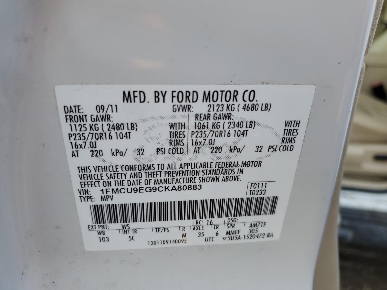2012 Ford Escape VIN 1FMCU9EG9CKA80883 Copart auction photo, minor dent/scratches damage thumbnail 13