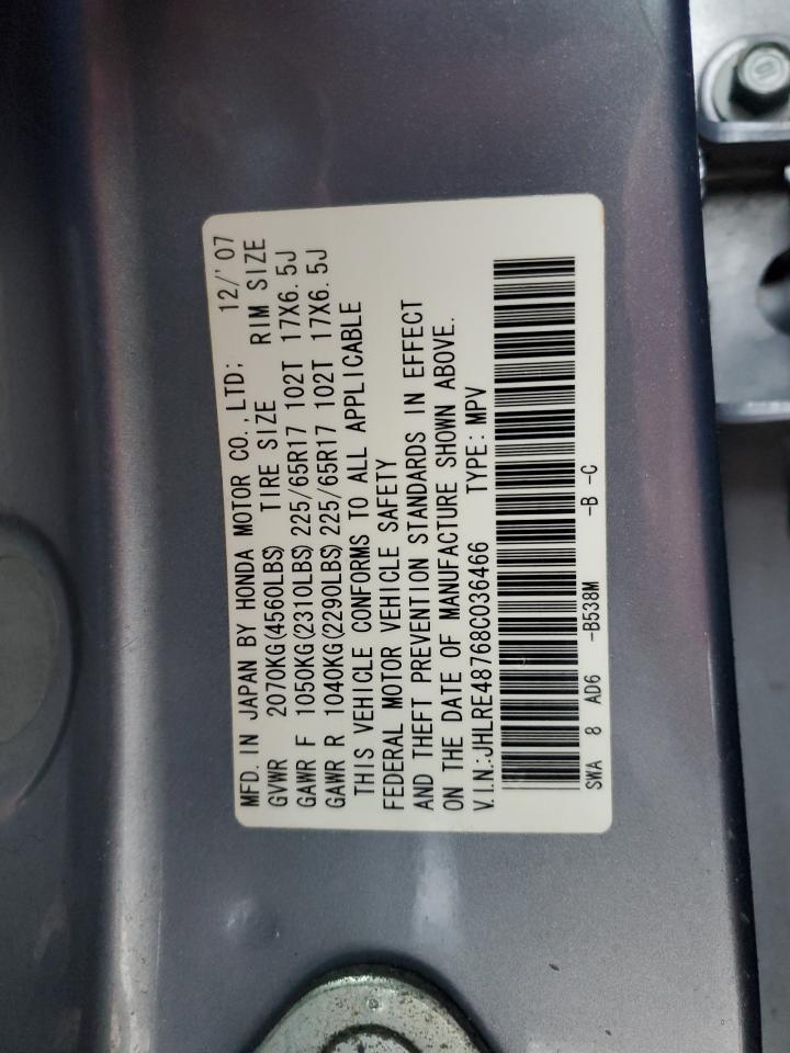 2008 Honda CR-V VIN JHLRE48768C036466 Copart auction photo, front end / rear end damage thumbnail 13