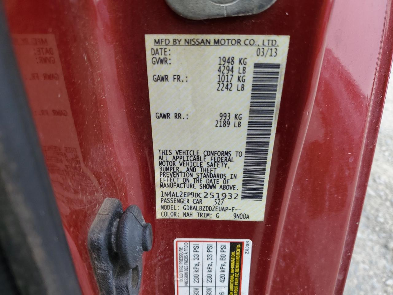 2013 Nissan Altima VIN 1N4AL2EP9DC251932 Copart auction photo, all over damage thumbnail 13