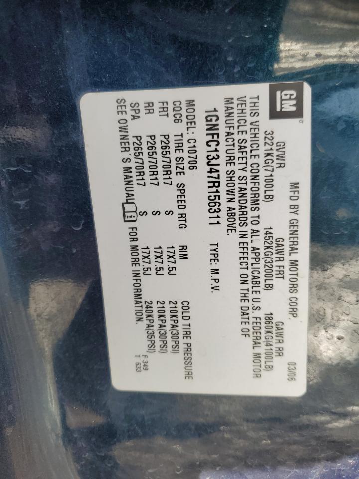 2007 Chevrolet Tahoe VIN 1GNFC13J47R156311 Copart auction photo, frame damage / front end damage thumbnail 14