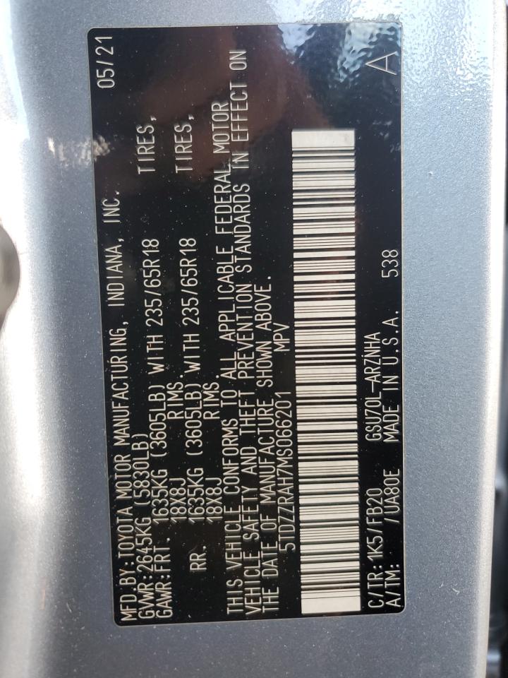 2021 Toyota Highlander VIN 5TDZZRAH7MS066201 Copart auction photo, rear end / front end damage thumbnail 13