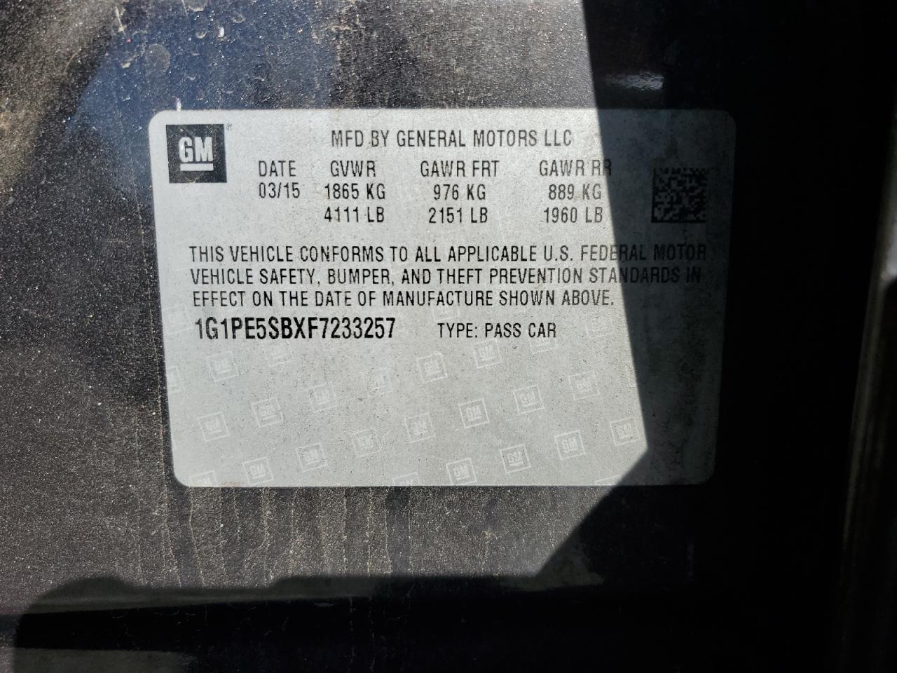 2015 Chevrolet Cruze VIN 1G1PE5SBXF7233257 Copart auction photo, minor dent/scratches damage thumbnail 12