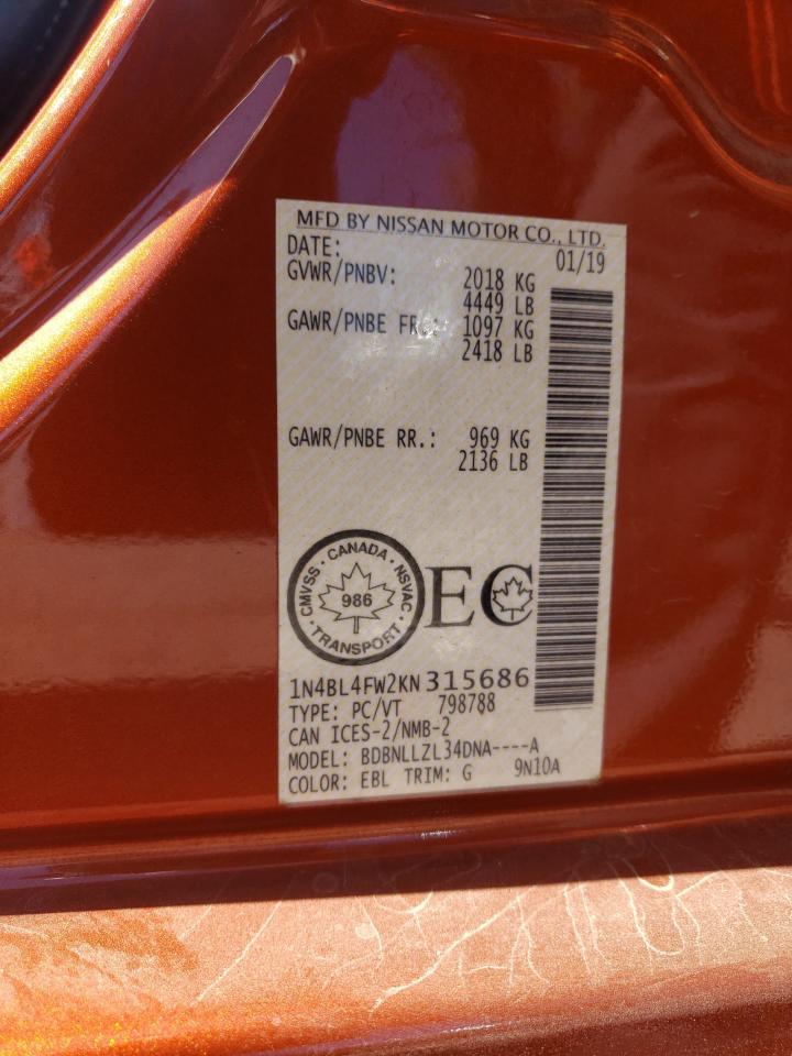 2019 Nissan Altima VIN 1N4BL4FW2KN315686 Copart auction photo, front end damage thumbnail 14