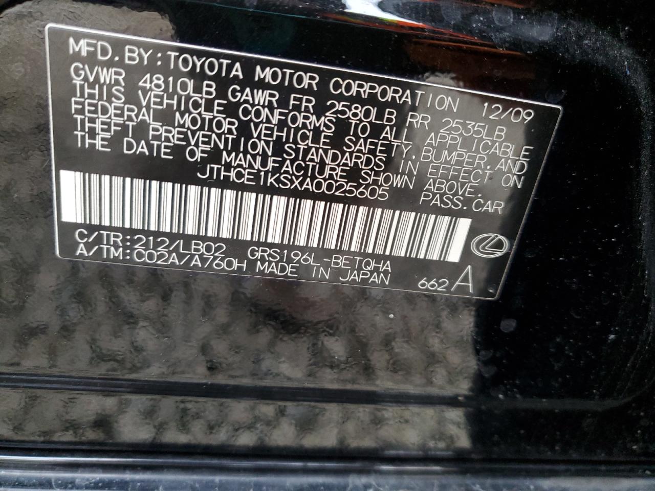 2010 Lexus GS VIN JTHCE1KSXA0025605 Copart auction photo, front end damage thumbnail 12