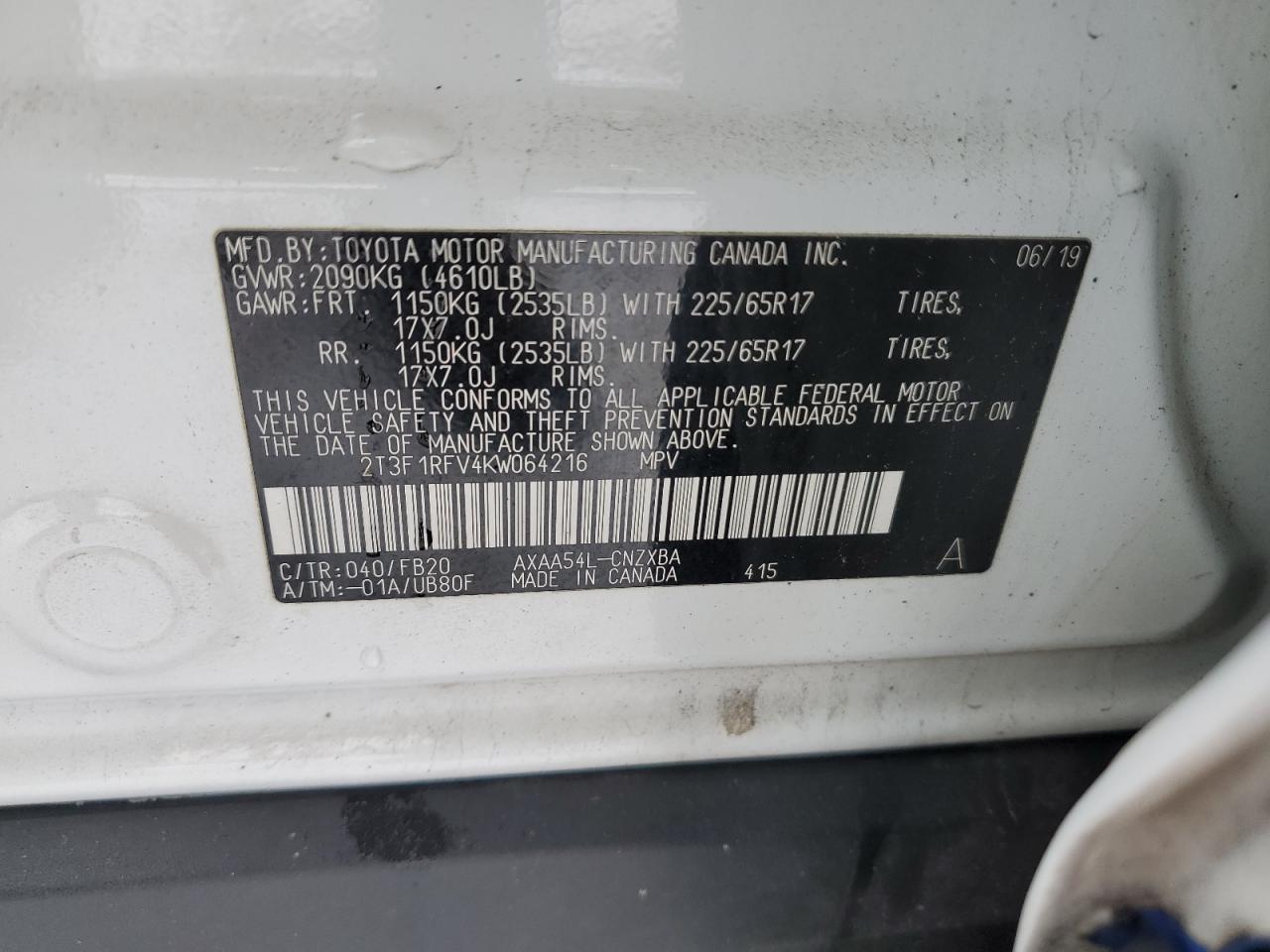 2019 Toyota RAV 4 VIN 2T3F1RFV4KW064216 Copart auction photo, undercarriage / front end damage thumbnail 13