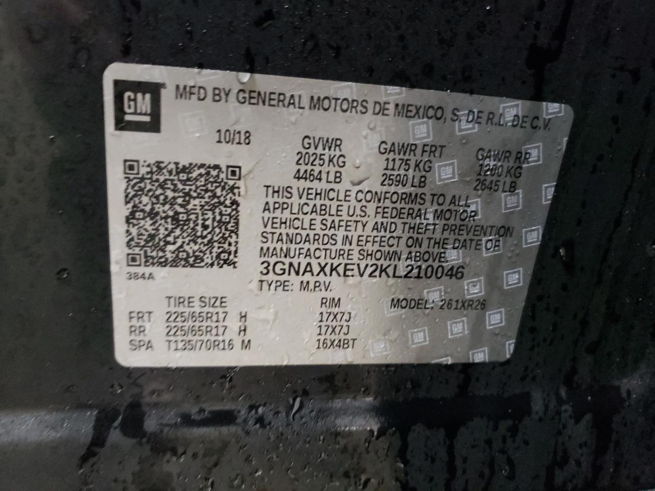 2019 Chevrolet Equinox VIN 3GNAXKEV2KL210046 Copart auction photo, front end damage thumbnail 12