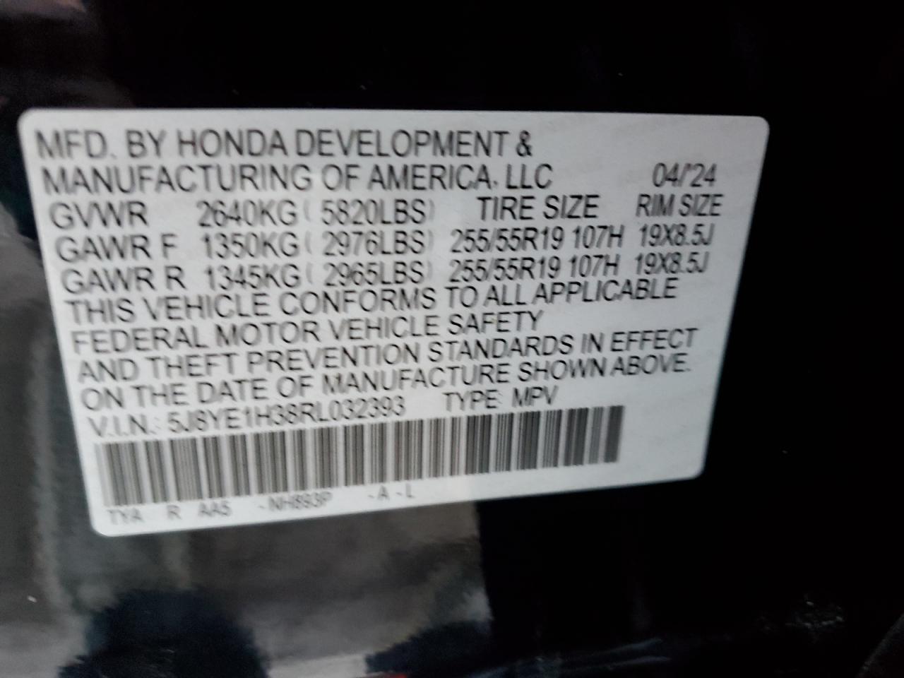 2024 Acura MDX VIN 5J8YE1H38RL032393 Copart auction photo, rear end / minor dent/scratches damage thumbnail 12