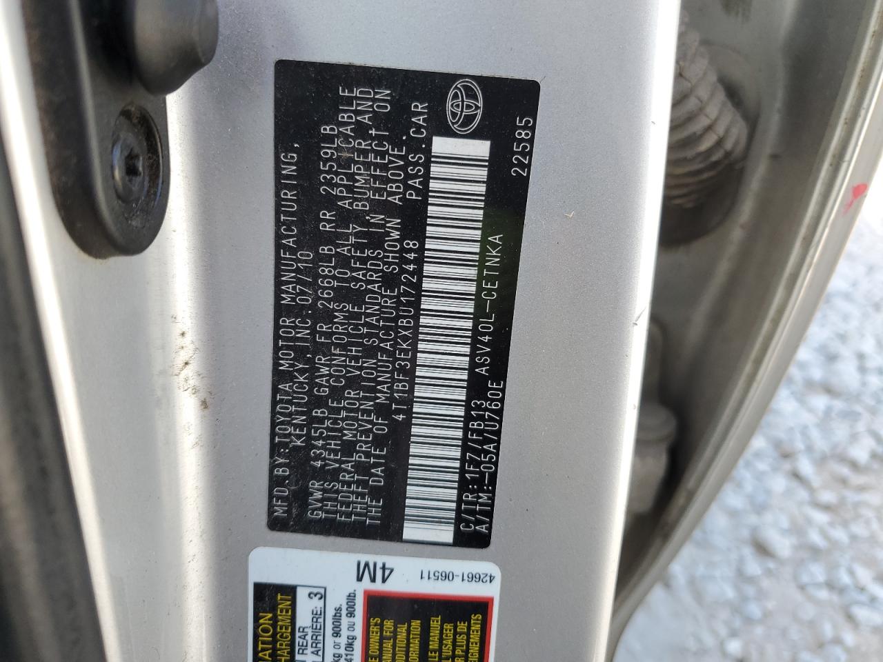 2011 Toyota Camry VIN 4T1BF3EKXBU172448 Copart auction photo, rear end / minor dent/scratches damage thumbnail 13