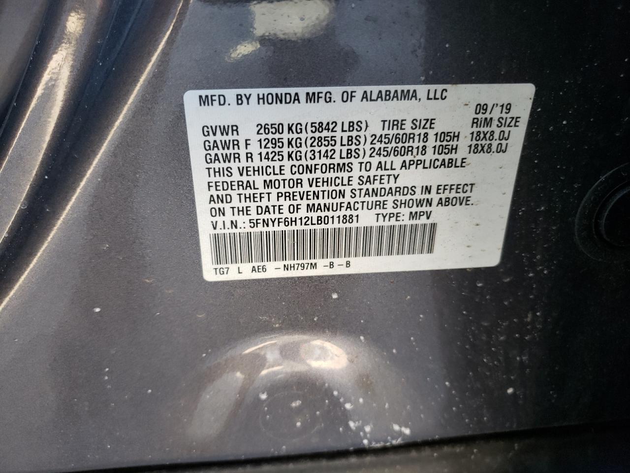 2020 Honda Pilot VIN 5FNYF6H12LB011881 Copart auction photo, front end / side damage thumbnail 13