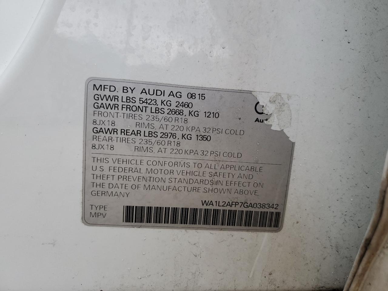 2016 Audi Q5 VIN WA1L2AFP7GA038342 Copart auction photo, front end damage thumbnail 14