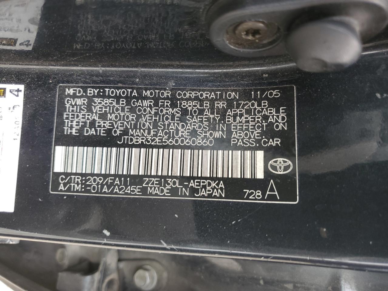 2006 Toyota Corolla VIN JTDBR32E560060860 Copart auction photo, rear end damage thumbnail 12