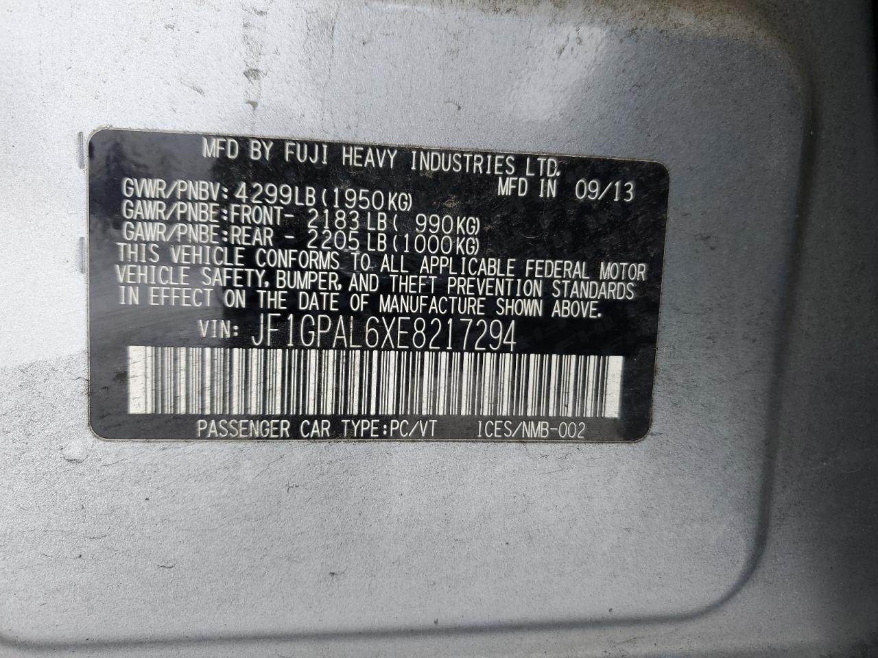 2014 Subaru Impreza VIN JF1GPAL6XE8217294 Copart auction photo, front end damage thumbnail 12