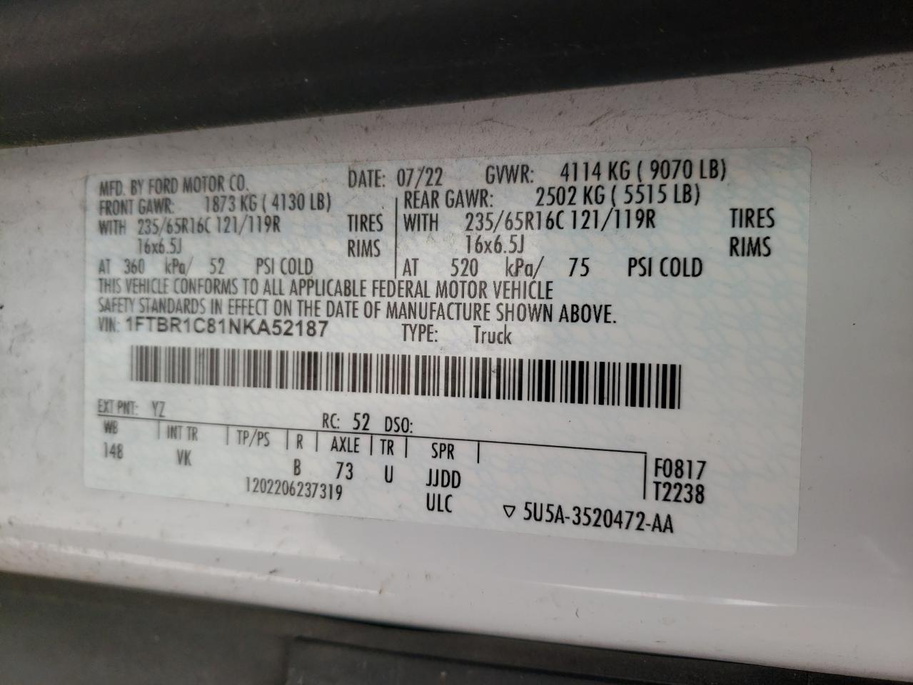 2022 Ford Transit VIN 1FTBR1C81NKA52187 Copart auction photo, front end / mechanical damage thumbnail 13