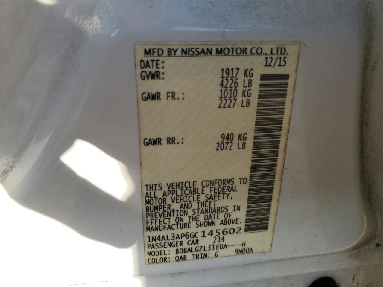 2016 Nissan Altima VIN 1N4AL3AP6GC145602 Copart auction photo, all over / undercarriage damage thumbnail 12