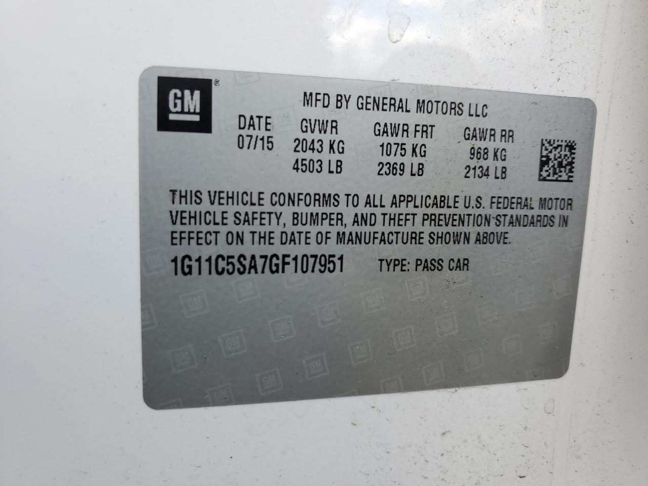 2016 Chevrolet Malibu VIN 1G11C5SA7GF107951 Copart auction photo, front end / mechanical damage thumbnail 14