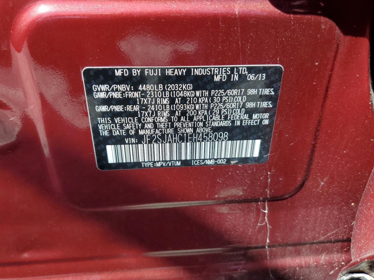 2014 Subaru Forester VIN JF2SJAHC1EH458098 Copart auction photo, mechanical damage thumbnail 13
