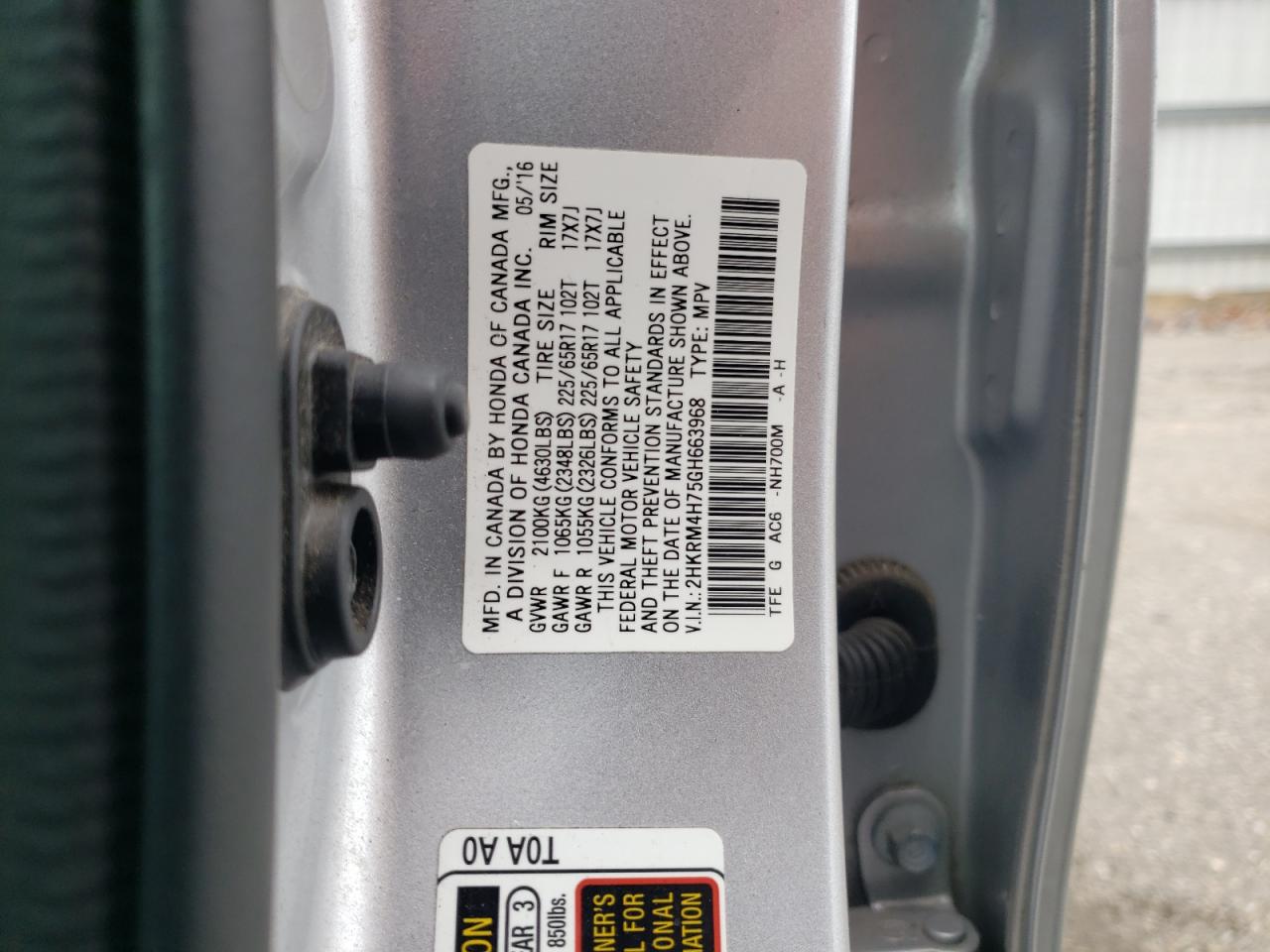 2016 Honda CR-V VIN 2HKRM4H75GH663968 Copart auction photo, rear end damage thumbnail 13