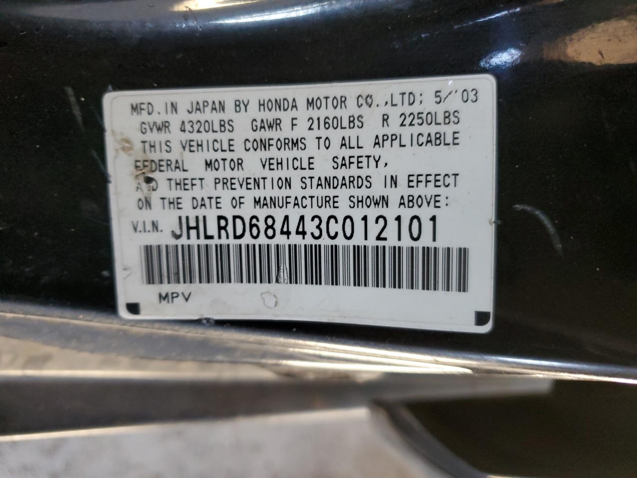 2003 Honda CR-V VIN JHLRD68443C012101 Copart auction photo, side / rear end damage thumbnail 13