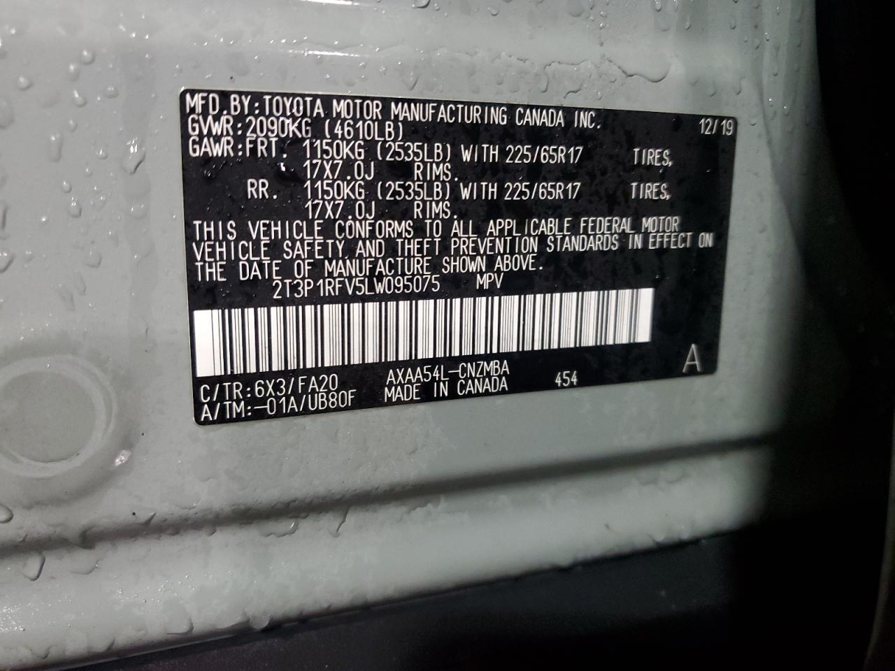 2020 Toyota RAV 4 VIN 2T3P1RFV5LW095075 Copart auction photo, rear end damage thumbnail 15