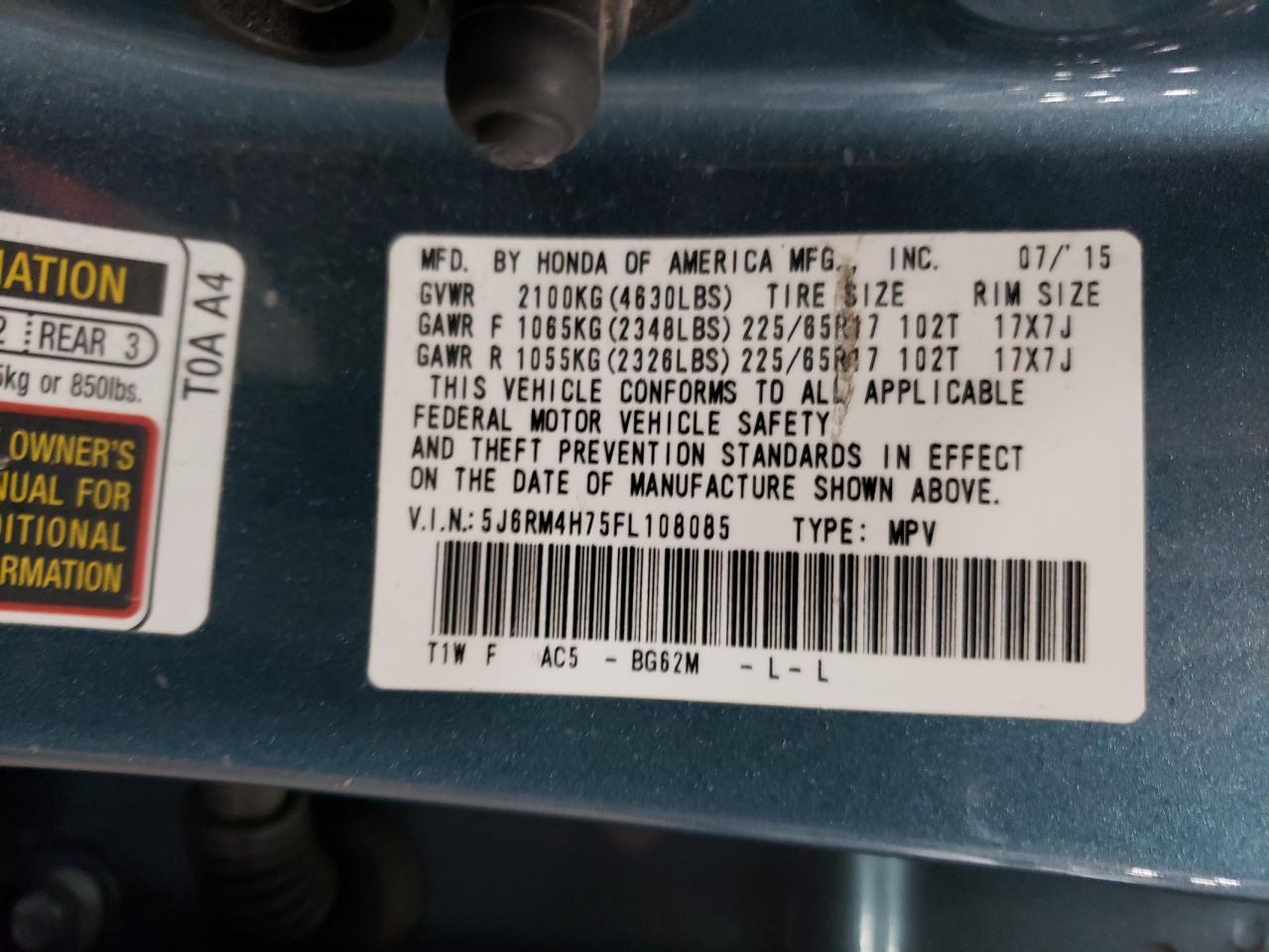 2015 Honda CR-V VIN 5J6RM4H75FL108085 Copart auction photo, front end damage thumbnail 13