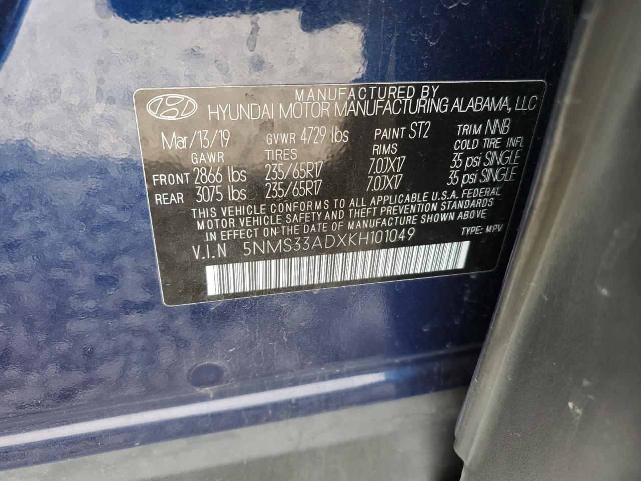 2019 Hyundai Santa Fe VIN 5NMS33ADXKH101049 Copart auction photo, front end / side damage thumbnail 15