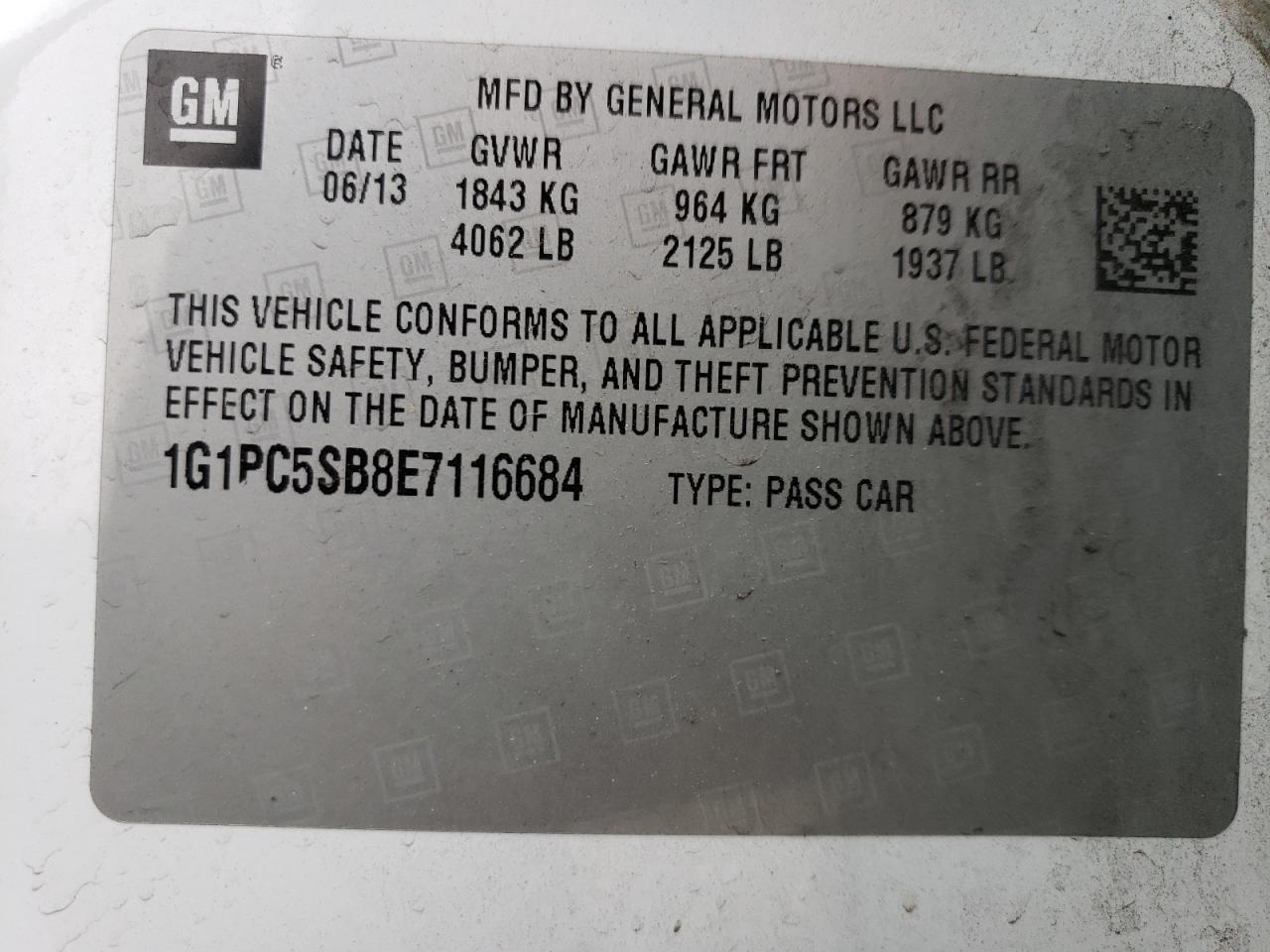 2014 Chevrolet Cruze VIN 1G1PC5SB8E7116684 Copart auction photo, front end / side damage thumbnail 13