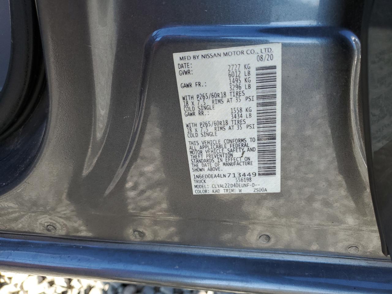 2020 Nissan Navara (Frontier) VIN 1N6ED0EA4LN713449 Copart auction photo, front end damage thumbnail 14