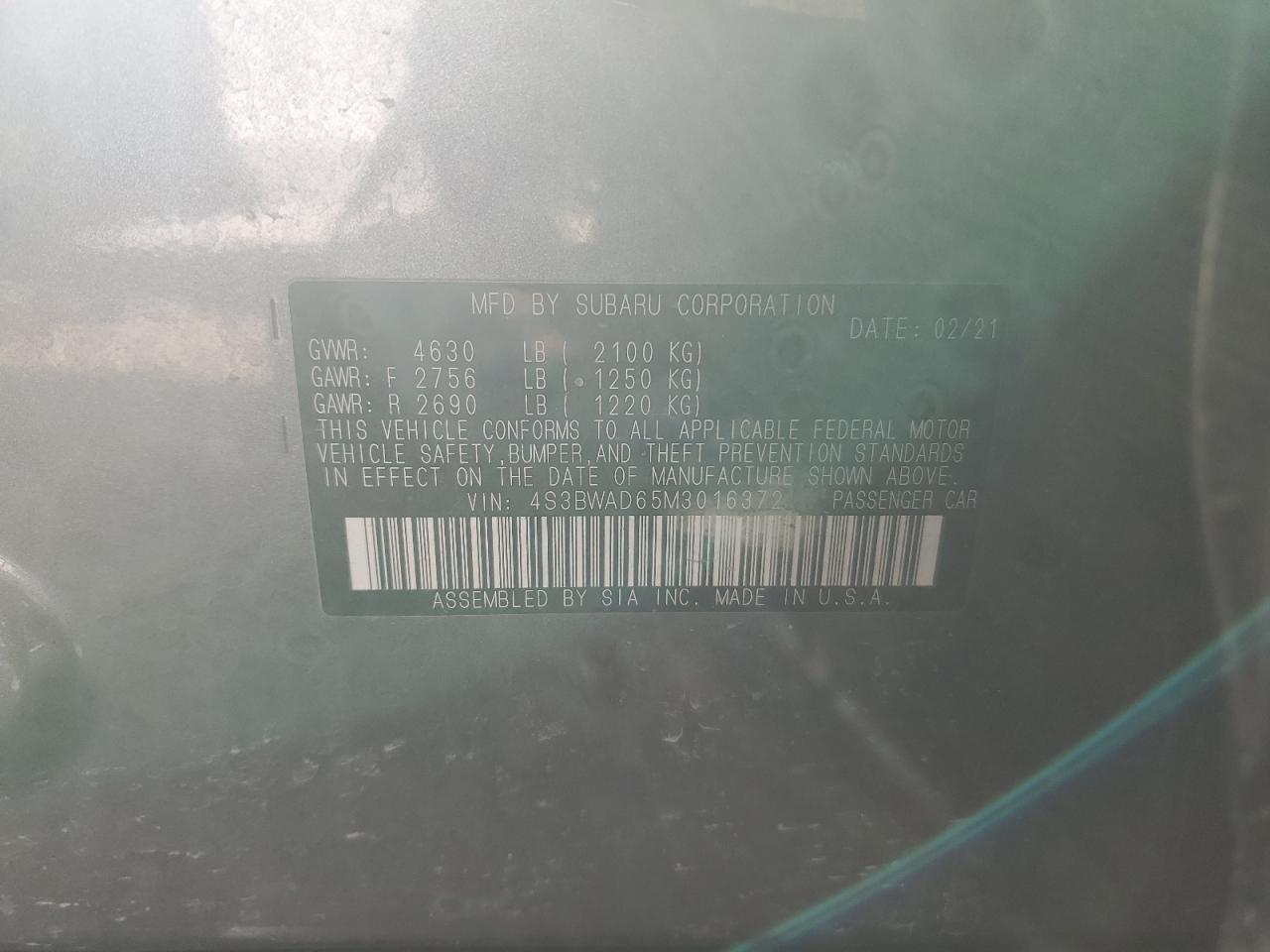 2021 Subaru Legacy VIN 4S3BWAD65M3016372 Copart auction photo, front end / mechanical damage thumbnail 12