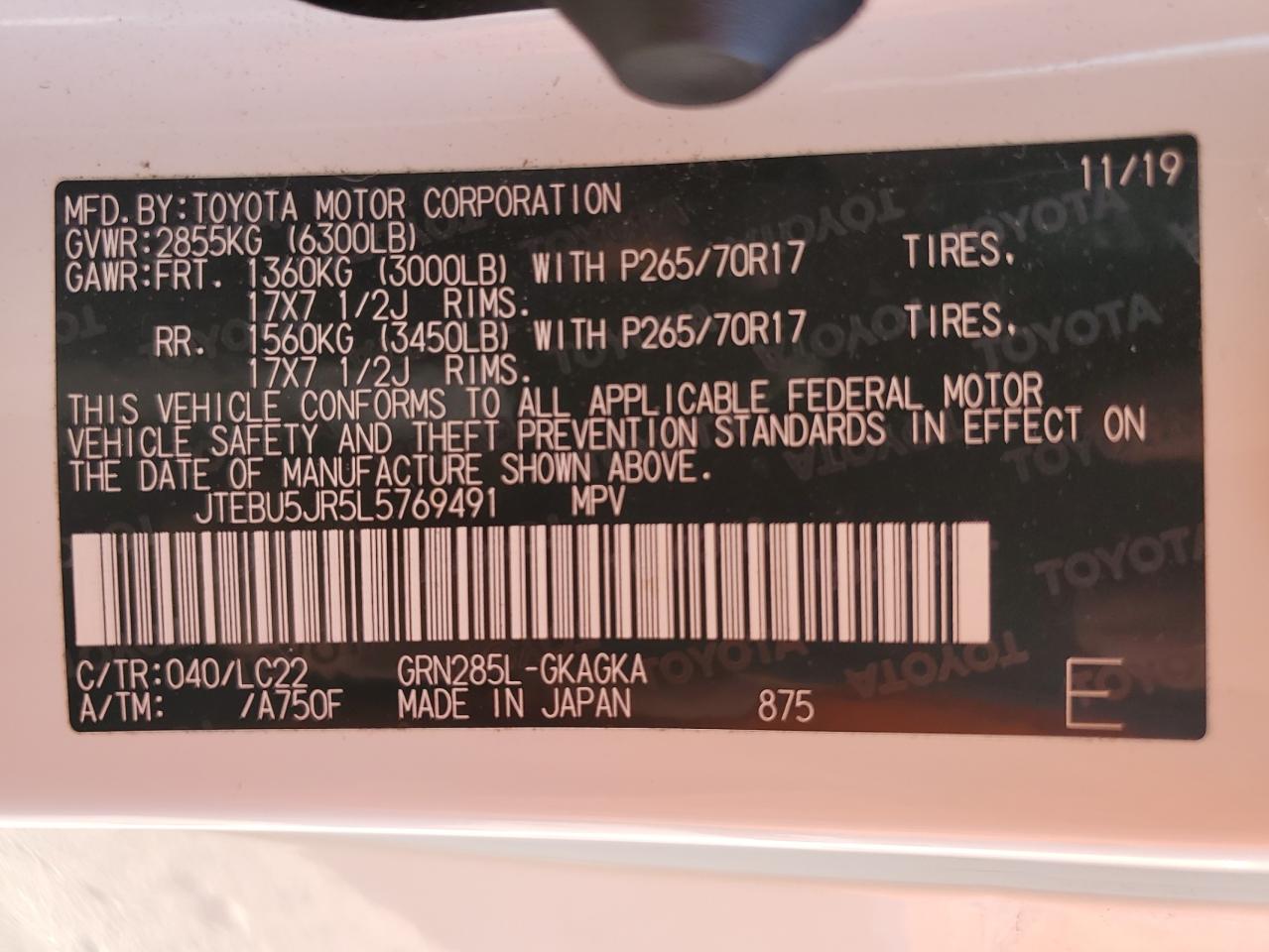 2020 Toyota 4Runner VIN JTEBU5JR5L5769491 Copart auction photo, front end damage thumbnail 13