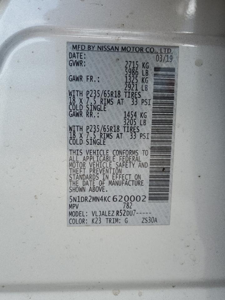 2019 Nissan Pathfinder VIN 5N1DR2MN4KC620002 Copart auction photo, rear end damage thumbnail 13