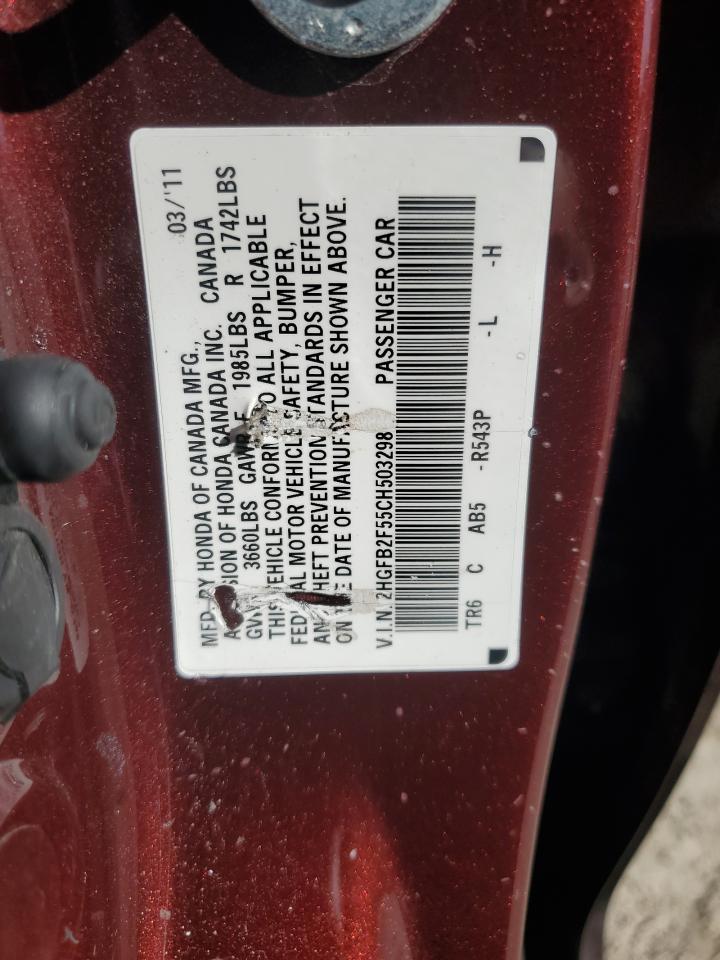 2012 Honda Civic VIN 2HGFB2F55CH503298 Copart auction photo, front end / minor dent/scratches damage thumbnail 14