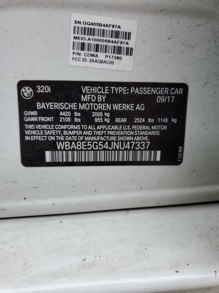 2018 BMW 3er VIN WBA8E5G54JNU47337 Copart auction photo, all over damage thumbnail 12