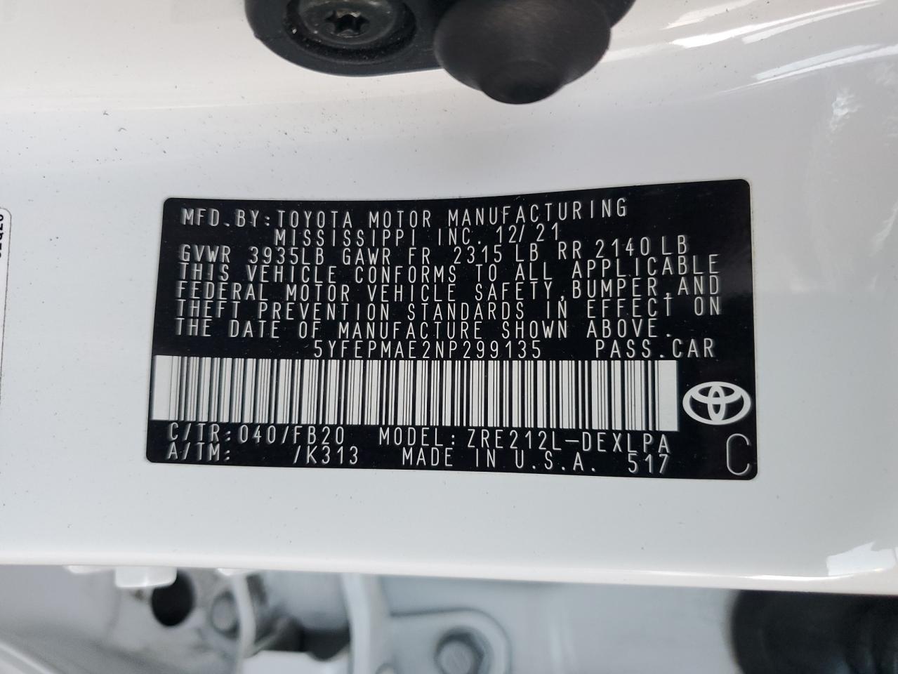 2022 Toyota Corolla VIN 5YFEPMAE2NP299135 Copart auction photo, front end damage thumbnail 13