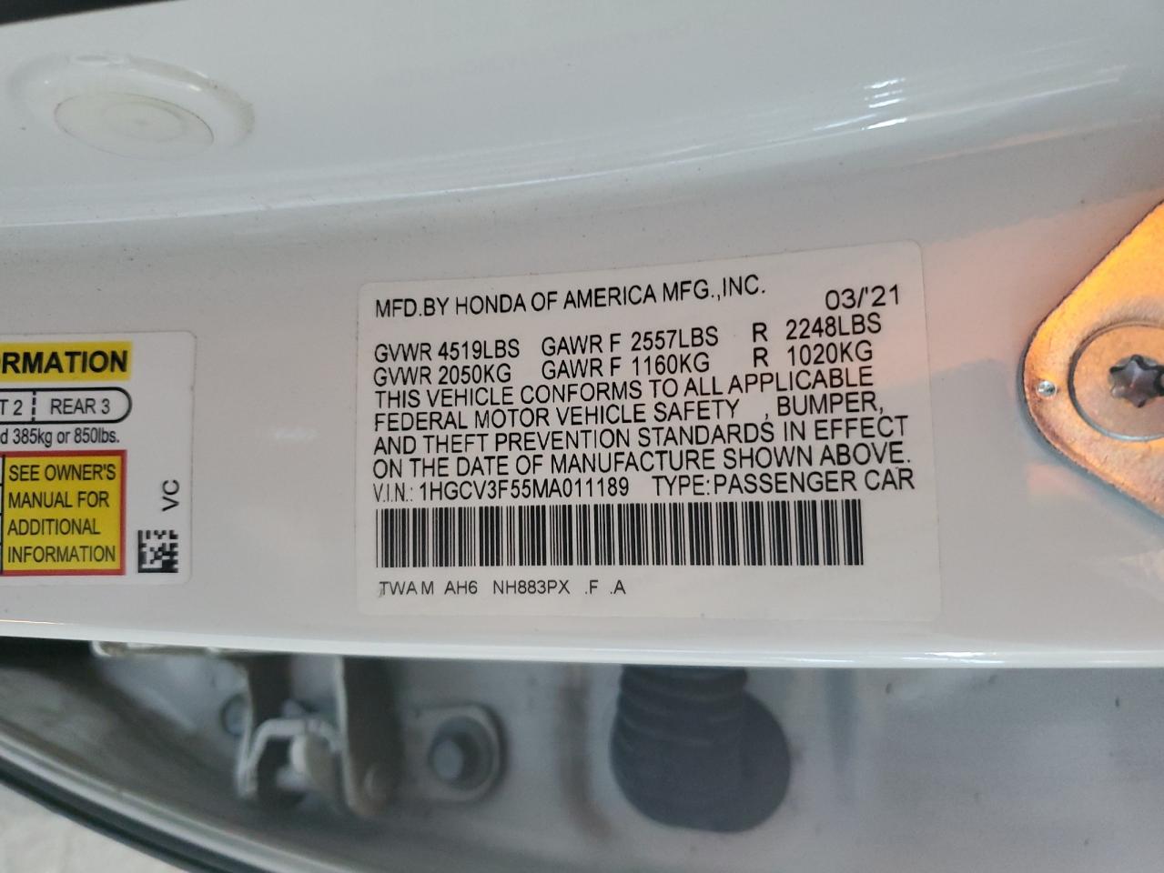 2021 Honda Accord VIN 1HGCV3F55MA011189 Copart auction photo, front end damage thumbnail 14